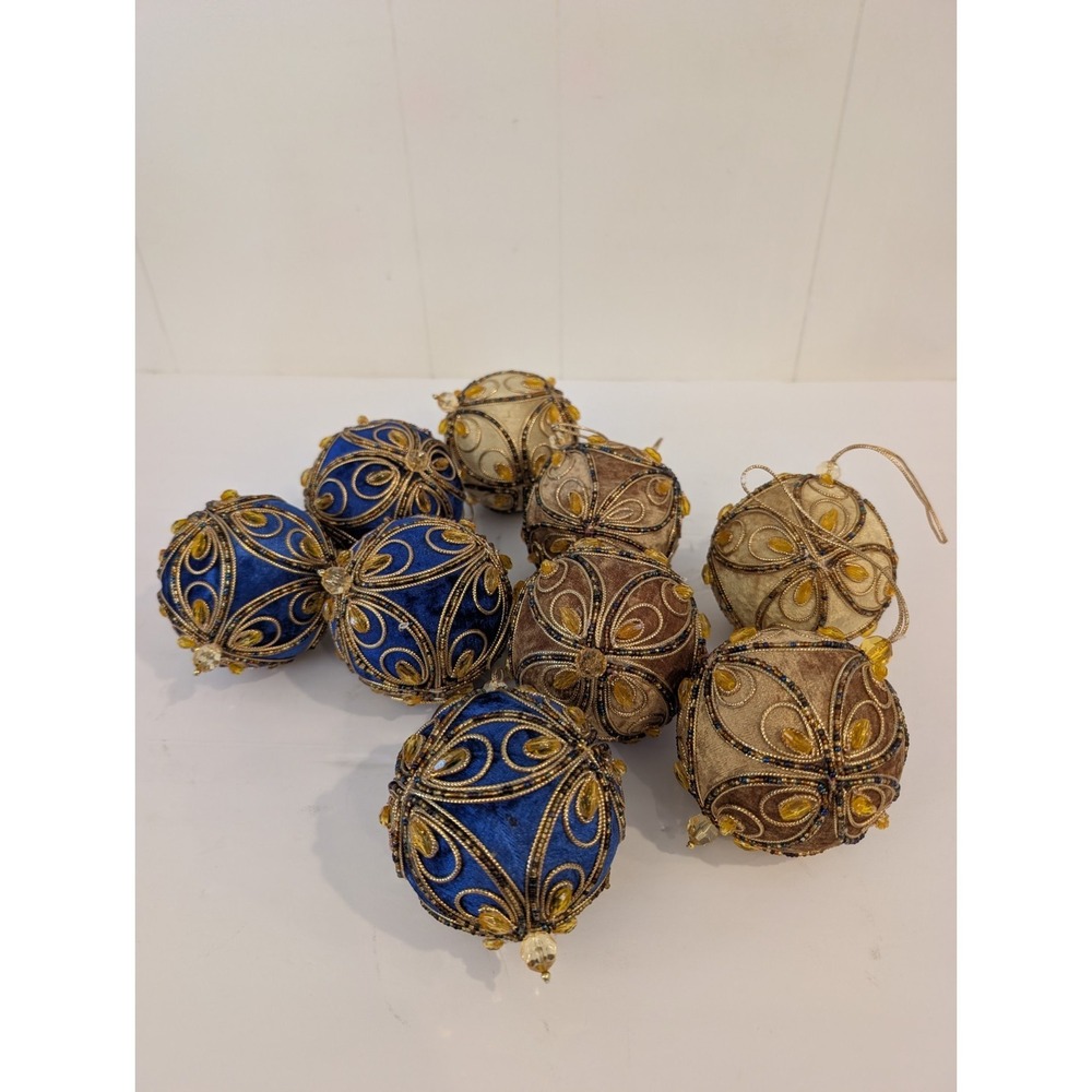Lot 9 Blue Gold Velvet PUSH PIN Christmas Ornaments Beaded Trim MCM Vintage - Picture 16 of 16